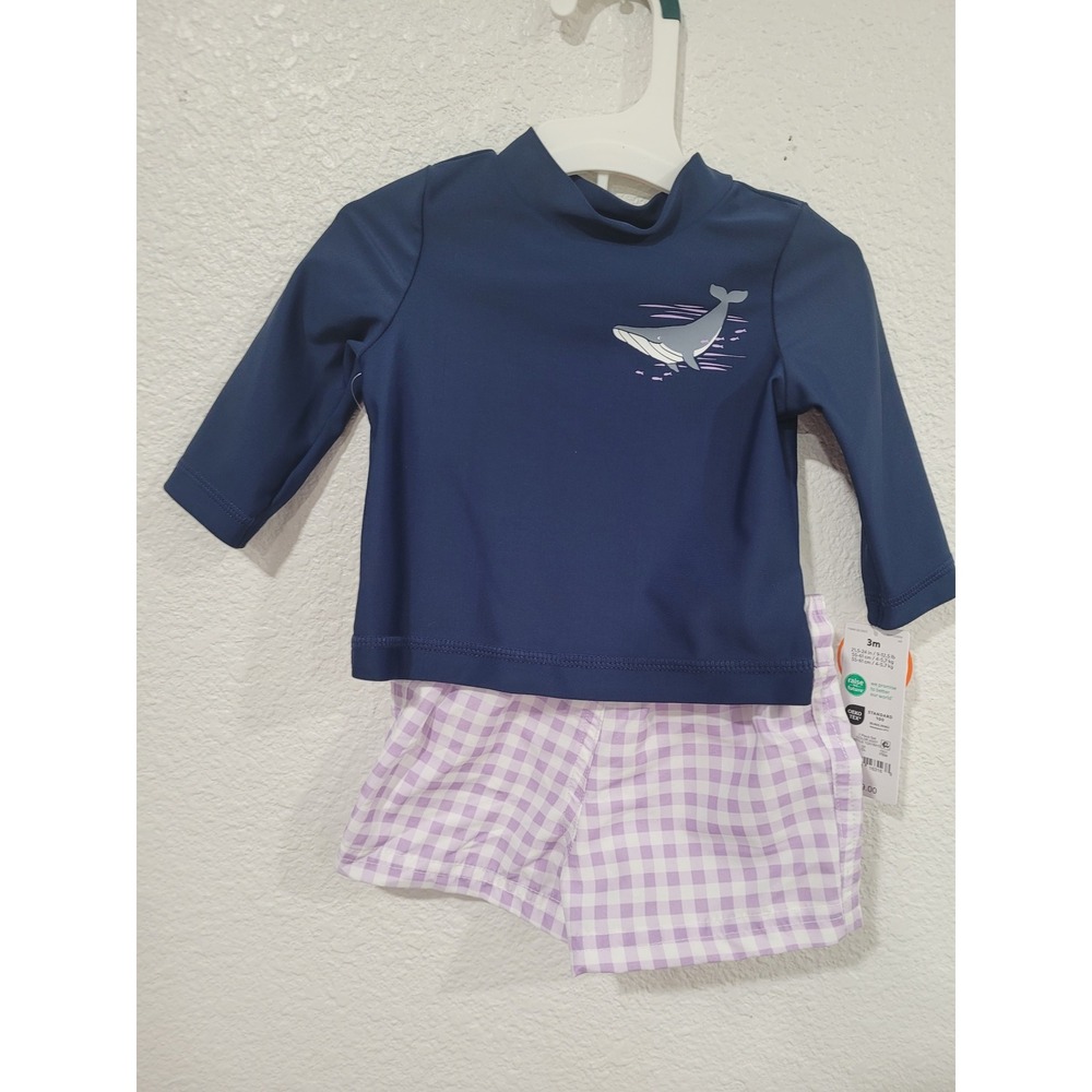 Carter's 3M Baby Rash Guard Swimsuit Set Whale Lavender Gingham UPF 50+ #2